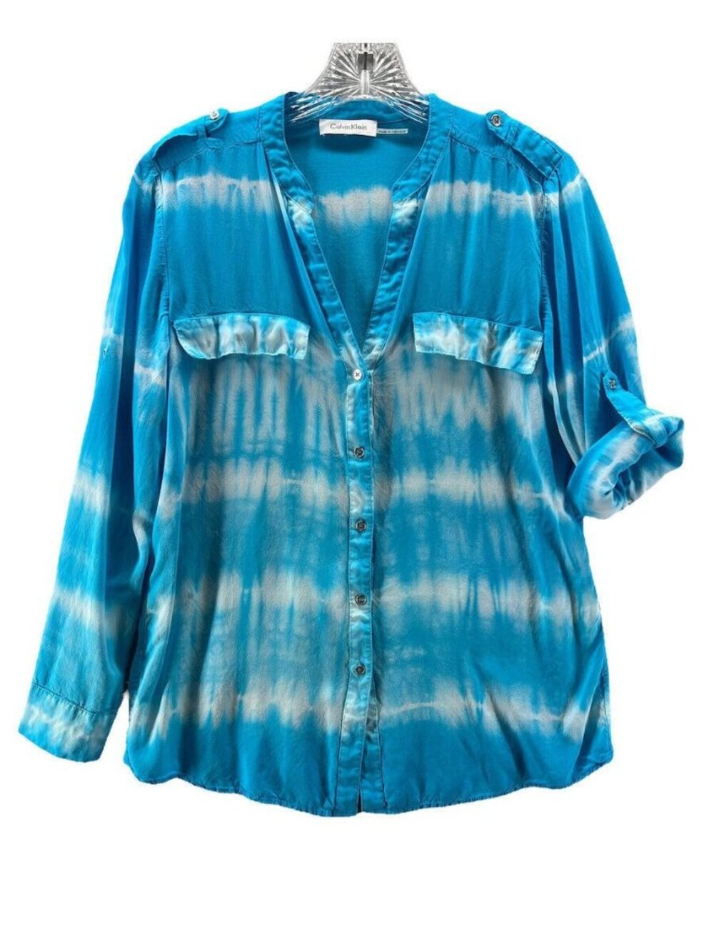 Calvin Klein Womens Top Small V Neck Tye Dyed Roll Tab Long Sleeve Blue Epaulet